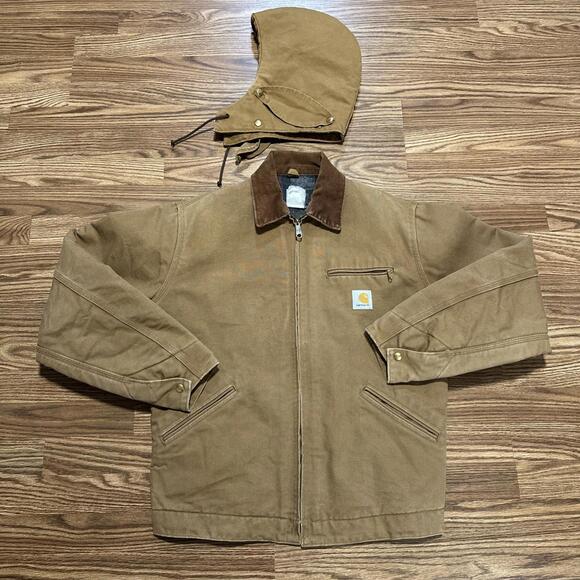 VTG Carhartt Detroit Jacket Tan Beige Khaki large Tall Workwear Hood - Picture 1 of 9